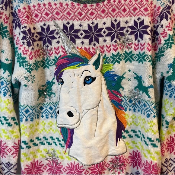 Blizzard Bay Ugly Christmas Sweater Unisex Women’s Unicorn Knit M EUC Lisa Frank - Picture 3 of 6
